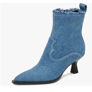 XYD Blue Denim Boots Pointed Toe Side Zipper Ankle Booties Kitten Low Heels Shoe